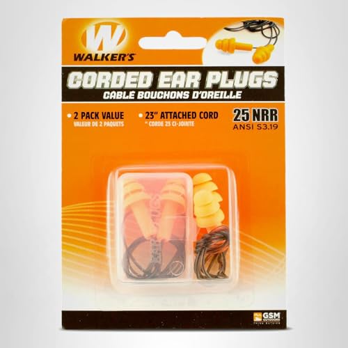 Walker's 25dB NRR Noise-Reducing ANSI S3.19 Hearing Protection Shooting Hunting Work Soft Comfortable 23" PVC Corded Rubber Earplugs, 2 Pairs & Carrying Case