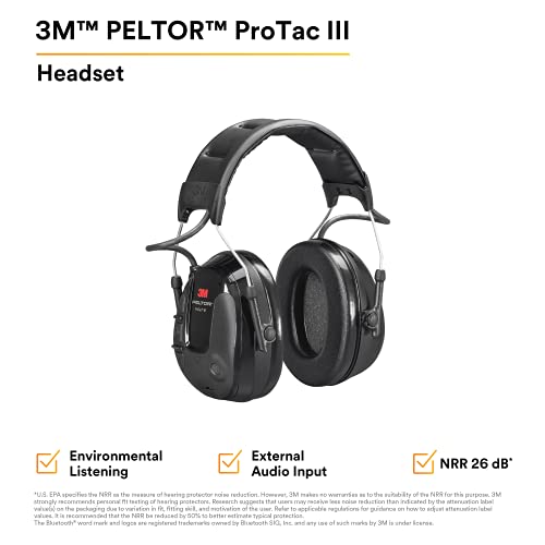 3M PELTOR ProTac III Headset, 26 dB NRR, Microphone, 3.5mm, Wireless, Environmental Listening, Professional-Quality Hearing Protection, Headband, MT13H221A, Black