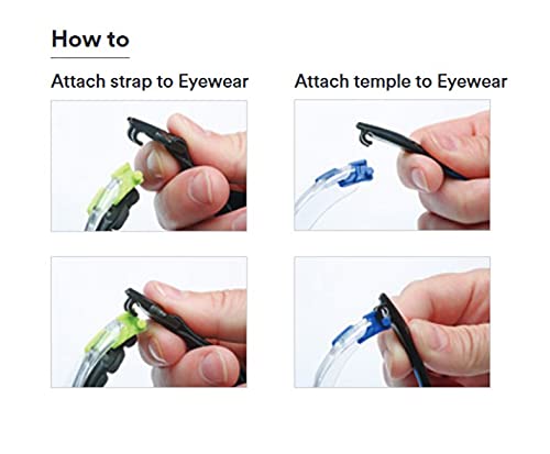 3M S1101SGAF Safety Glasses Step-by-step guide on attaching a strap to eyewear with close-up images of hands performing the action.