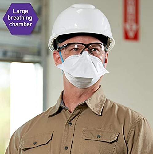 Person wearing a hard hat, safety glasses, and a Kimberly Clark 53358 KIMTECH N95 Pouch Disposable Respirator