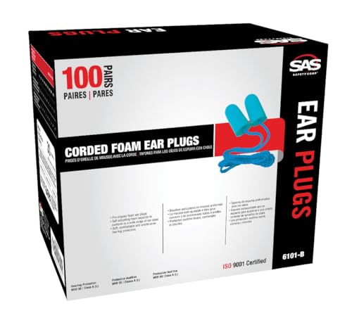 SAS Safety Corp Corded Foam Ear Plugs | 100 Pairs of Noise Reducing Safety Ear Plugs | Soft Foam Pre-shaped Hearing Protection | Ear Protection for Construction, Manufacturing, Landscaping, and more