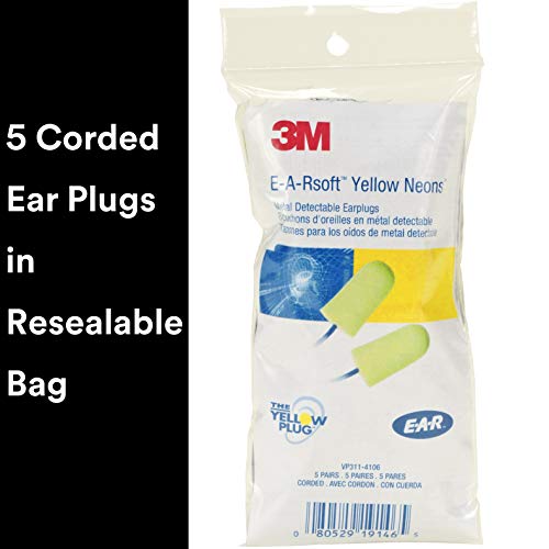 3M Ear Plugs, 5 Pairs/Pack, E-A-Rsoft Yellow Neons VP311-4106, Metal Detectable Cord, Disposable, Foam, NRR 32, Drilling, Grinding, Machining, Sawing, Sanding, Welding