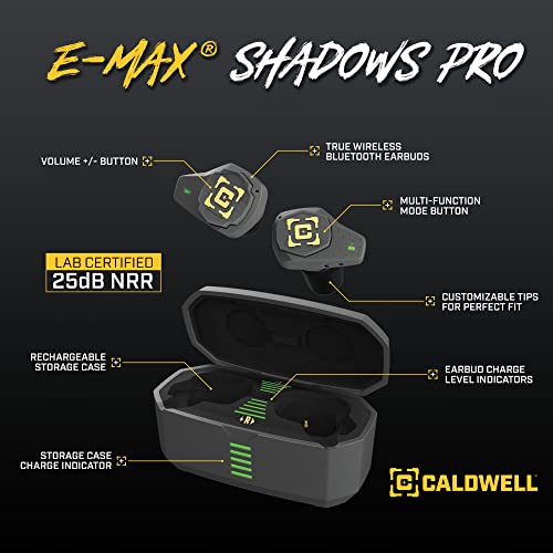 Caldwell Shooting Supplies 1136234 — Caldwell E-MAX Shadows Pro - Electronic Hearing Protection with Ambient Sound Amplification, Bluetooth, Rechargeable Case for Shooting, Range