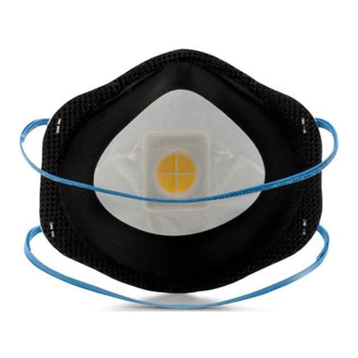 Black dust mask with blue straps on a white background