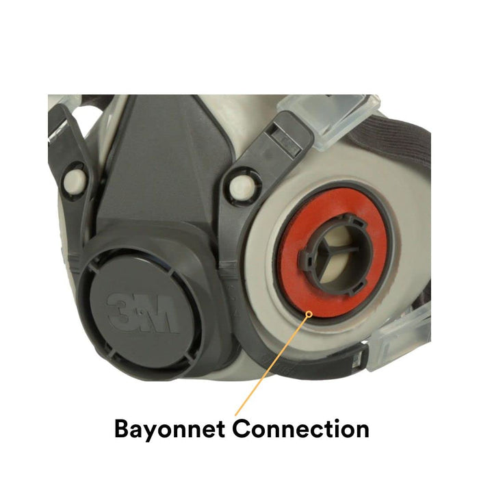 Close-up of a 3M 6200 half mask respirator with a bayonet connection labeled.