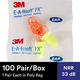 3M Ear Plugs, 100/Box, E-A-Rsoft FX 312-1274, Corded, Disposable, Foam, NRR 33, Drilling, Grinding, Machining, Sawing, Sanding, Welding, 1/Poly Bag