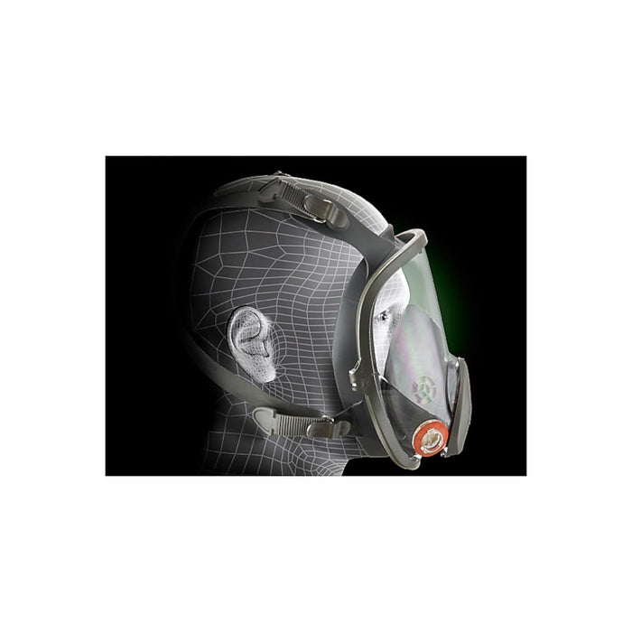 Close-up of a 3M 6900 full face respirator on a white background