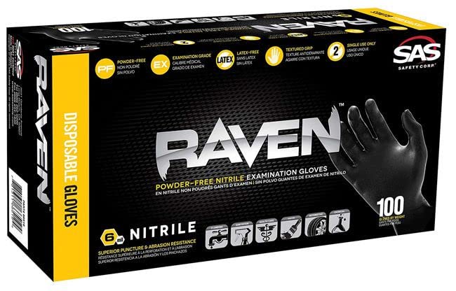 SAS Safety 66518 Raven Powder-Free Black Nitrile Disposable Gloves, 6 Mil
