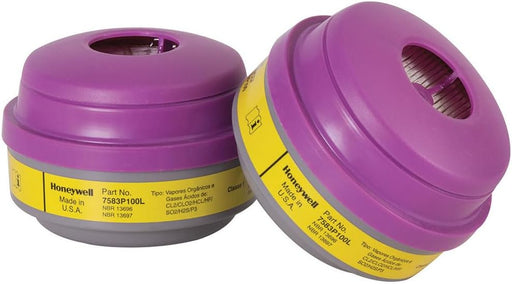 Two purple Honeywell North 7583P100L filters with yellow labels on a white background