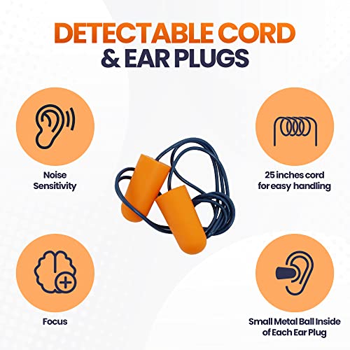 MSA Safety — Metal Detectable Foam Earplugs 100 Pair - NRR 32dB with Detectable String - Noise Cancelling, Sound Blocking, Disposable, Corded Earplugs Bulk for Food Services, Industry, Pharmaceutical, Pulp & Paper