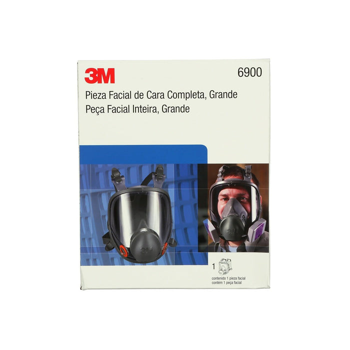 3M 6900 full-face mask packaging with a person wearing the mask on a white background