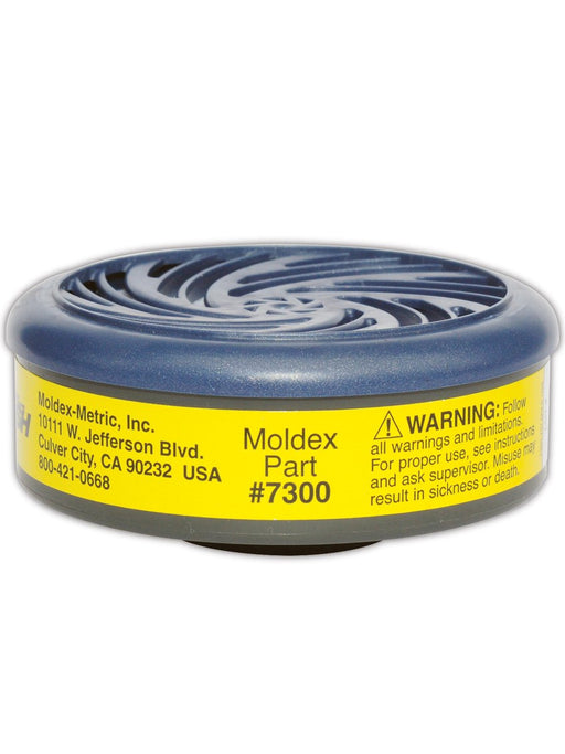 Moldex 7300 Organic Vapor Acid Cartridge with warning label on a white background