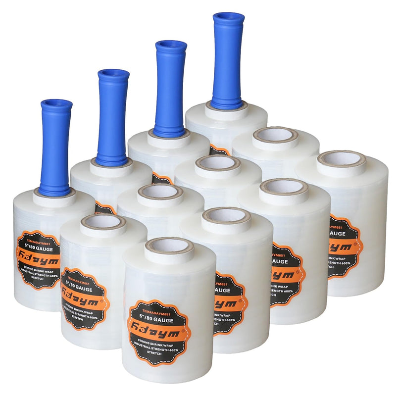 Plastic Stretch Film Shrink Wrap Roll, 5in x 1200ft, 12 Rolls, 80 Gauge, 600 Percent