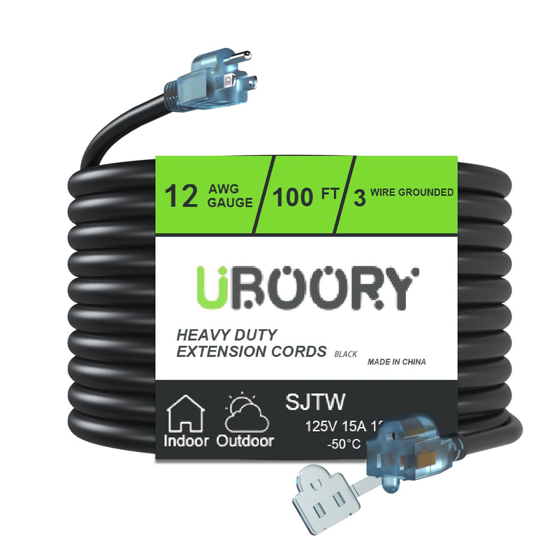 Outdoor Extension Cord Waterproof 100 FT, Black 12/3 SJTW Heavy Duty, Flexible 100