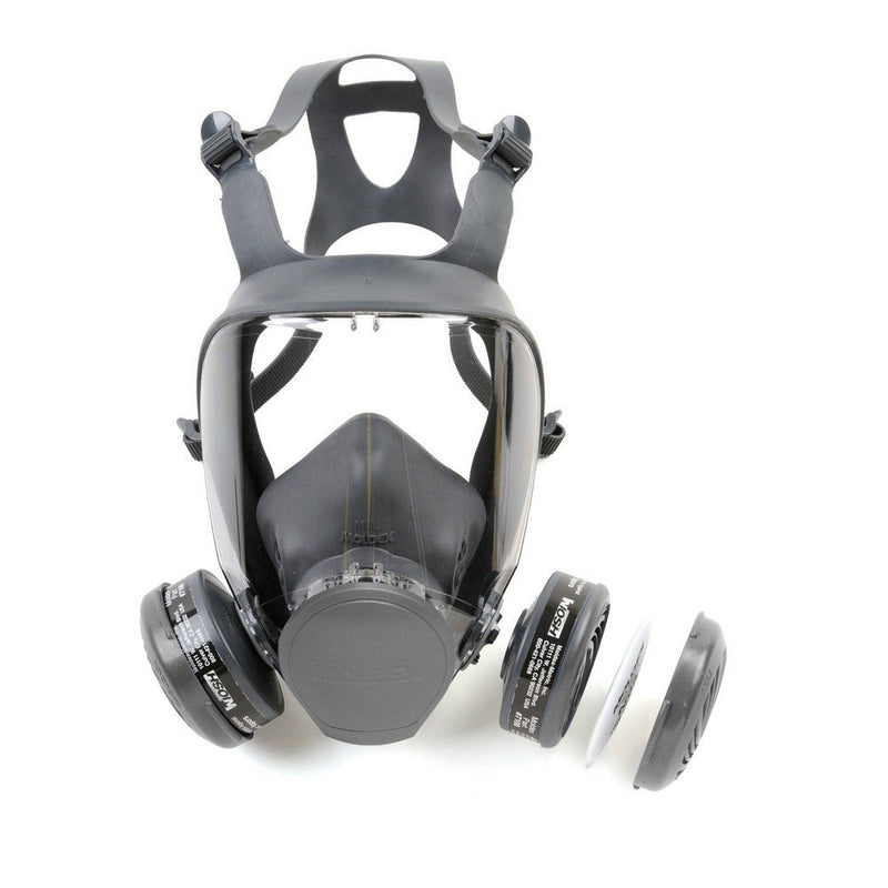 Moldex M9003 Full Face Respirator mask with two filters on a white background