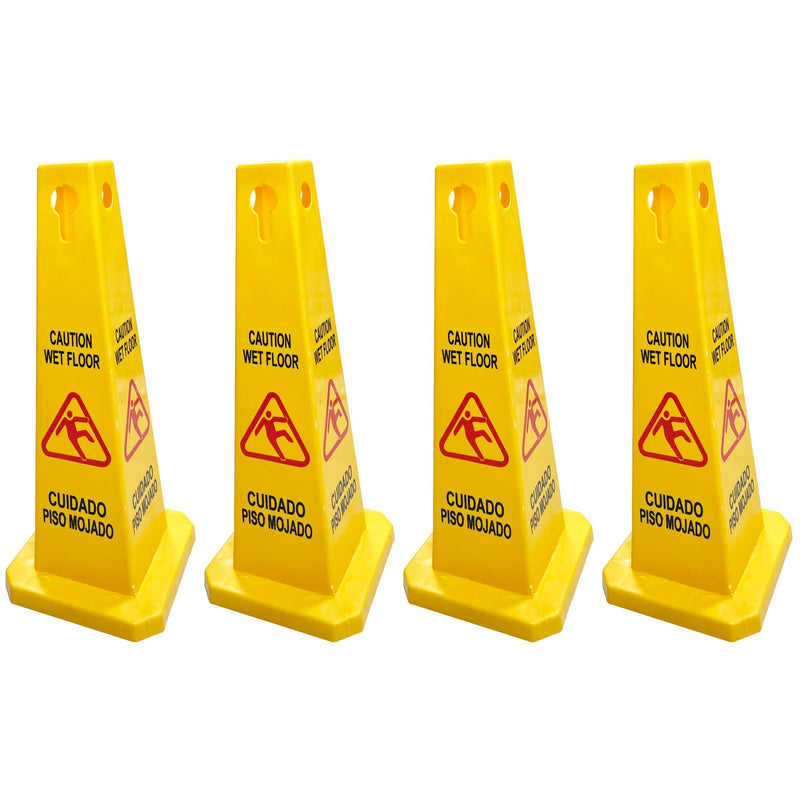 Wet Floor Safety Sign Cones, 26 in, 4-Sided High Visibility Yellow — 4-Pack