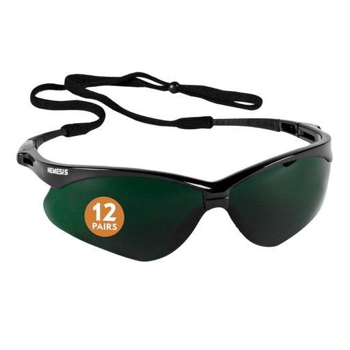 Black KleenGuard V30 Nemesis 25671 Safety Glasses with green lenses and a strap, featuring 'Hemesis' branding.