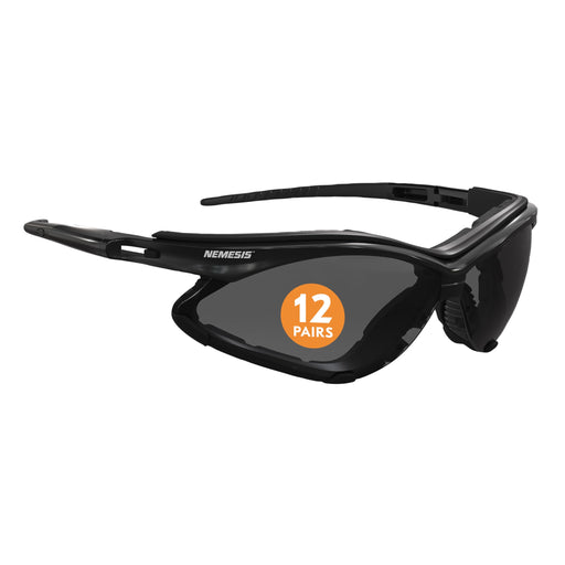 Black KleenGuard V30 Nemesis 65336 Foam Safety Glasses with a '12 Pairs' label on a white background