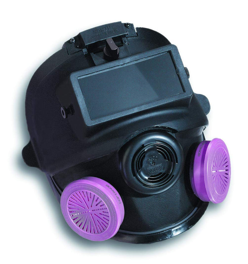 Black North 54001W Full Face Welding Respirator mask with purple filters on a white background
