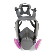 Moldex M9003 Full Face Respirator mask with clear visor and purple earpieces on a white background