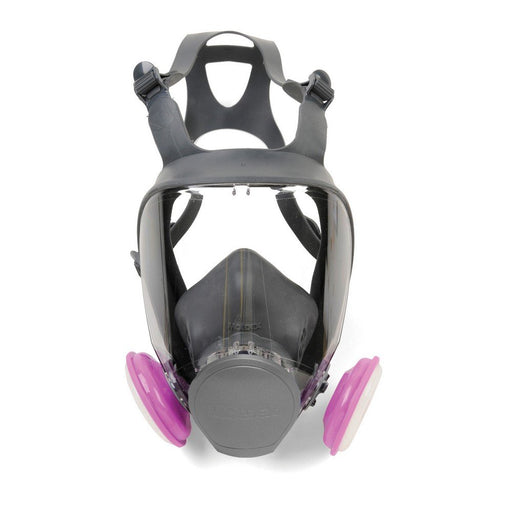 Moldex M9003 Full Face Respirator mask with clear visor and purple earpieces on a white background