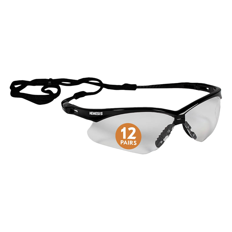 Pair of KleenGuard V30 Nemesis 25676 safety glasses with black frame and clear lenses on a white background