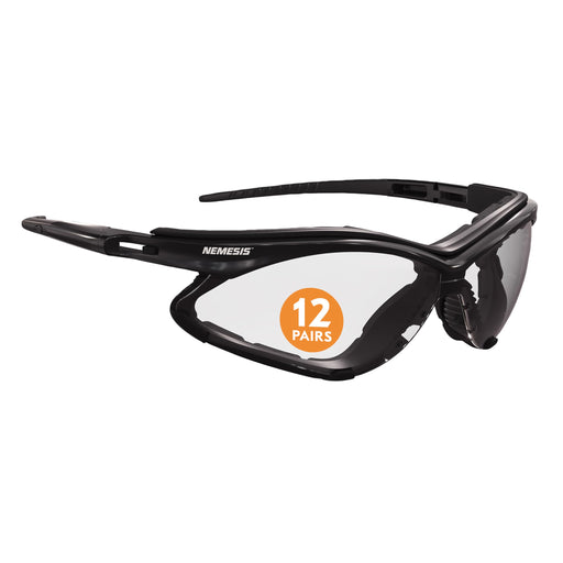 Black KleenGuard V30 Nemesis 65335 Foam Safety Glasses with clear lenses on a white background