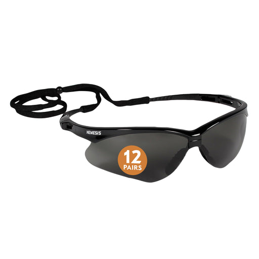 KleenGuard V30 Nemesis 22475 Safety Glasses with a lanyard and '12 pairs' label on a white background