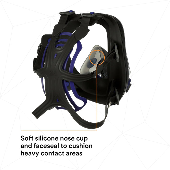 Black and blue full-face 3M FF-401 respirator mask with soft silicone nose cup on a white background