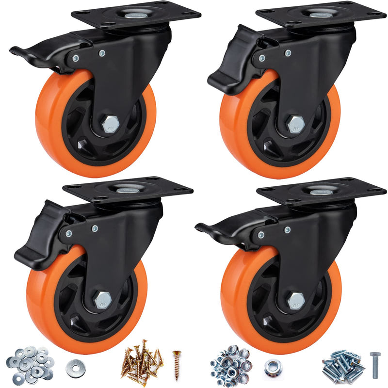 4in Caster Wheels, Casters Set of 4 Heavy Duty, Orange Polyurethane, Top Plate Swivel