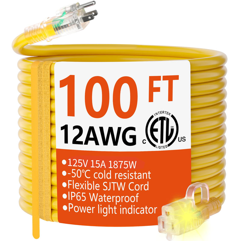 HUANCHAIN 12/3 Gauge Heavy Duty Outdoor Extension Cord, 100 FT Waterproof, 12AWG