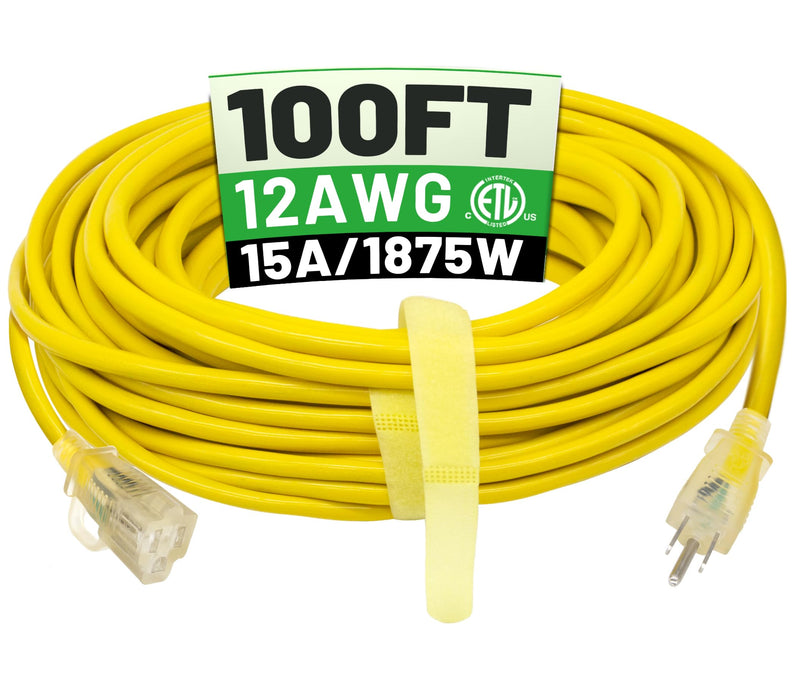 100 FT 12/3 Outdoor Extension Cord Waterproof, Heavy Duty Power Cord, Flexible SJTW