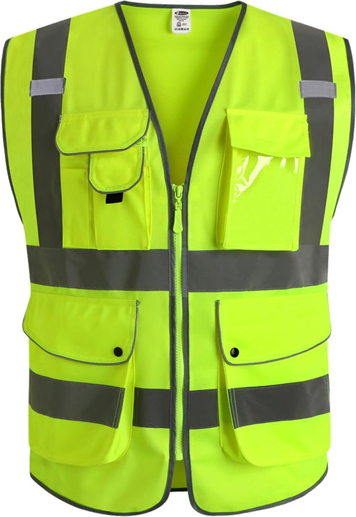JKSafety 9-Pocket Class 2 Hi-Vis Safety Vest — Zipper Front