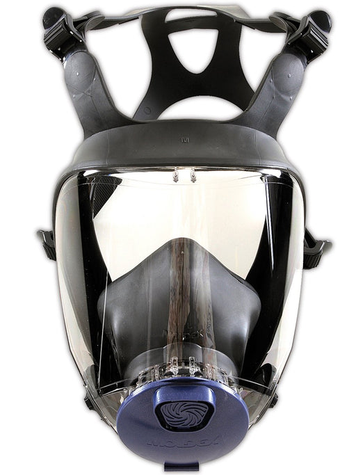 Moldex 9002 Full-Face Respirator mask with clear visor and blue valve on a white background