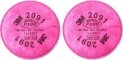 Two pink 3M 2091 filters with labels on a white background