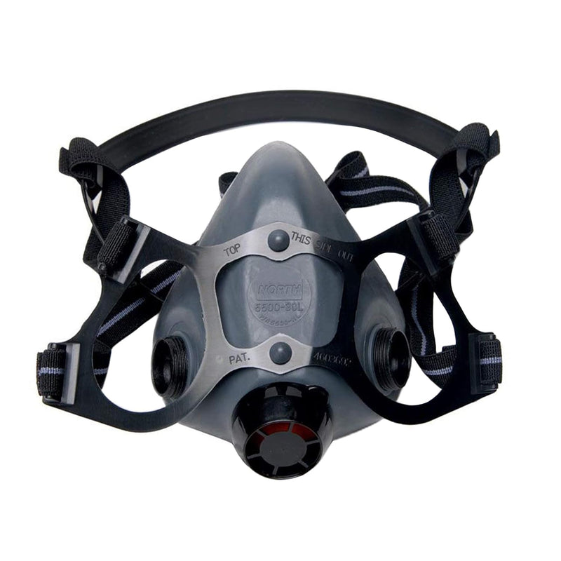 North 550030L Half Mask Respirator with black straps on a white background