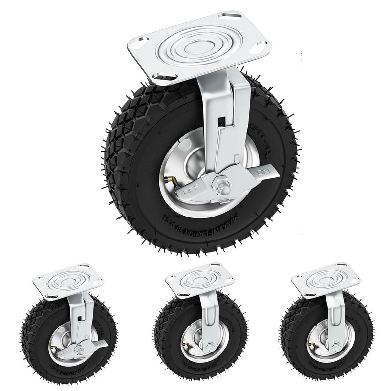 8 Inch Pneumatic Caster Wheels with Brake, 1000 lbs Capacity, Set of 4, 2 Swivel, 2 Rigid