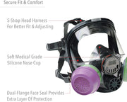 North 760008AS Full-face respirator with features highlighted on a white background
