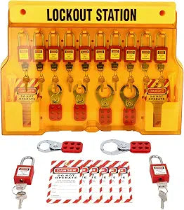 TAEGIQ lockout tagout station yellow wall board with 12 keyed-different padlocks, 6 hasps, and 30 tags