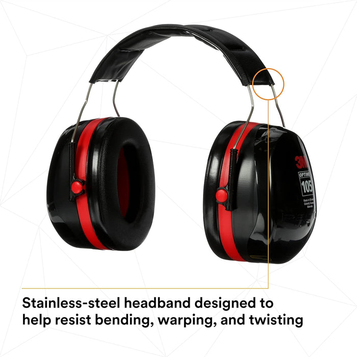 Black and red ear protection headphones with a stainless-steel headband on a white background.
