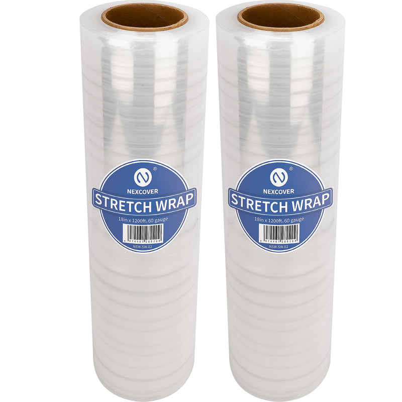 18 Inch Stretch Wrap, 1200 Feet, 60 Gauge, 2 Roll Clear Plastic Self-Adhering Stretch