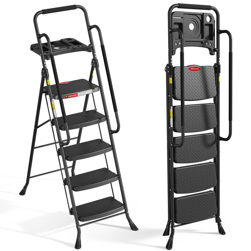 HBTower 5 Step Ladder, Folding Step Ladder with Handrails and Tool Tray, Wide Anti-Slip