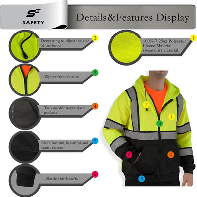 Sesafety B0CBZ8B66D Class 3 Hi-Vis Full-Zip Safety Hoodie — Yellow