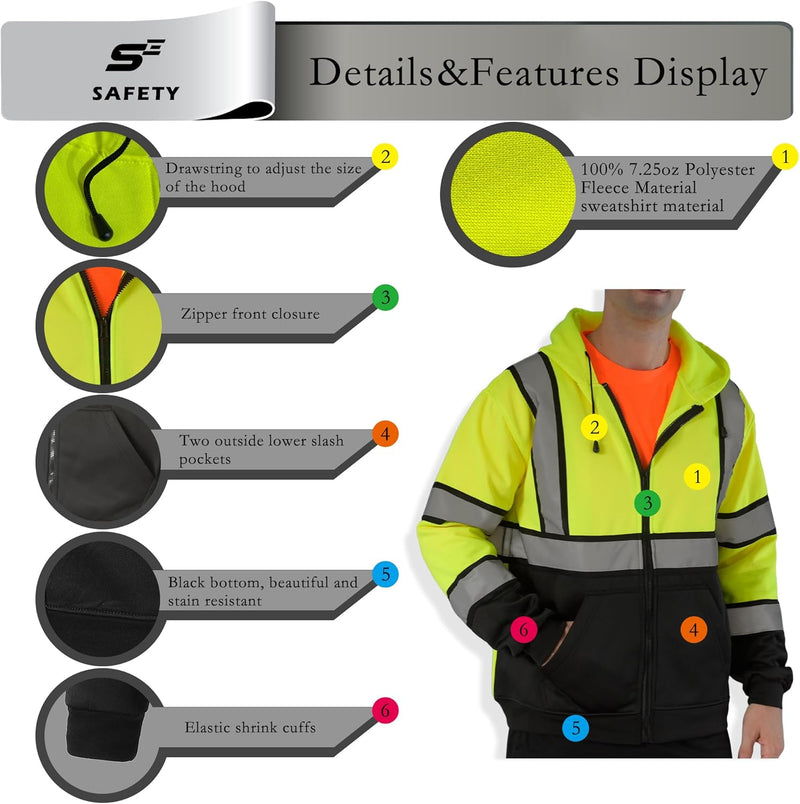 Sesafety B0CBZ8B66D Class 3 Hi-Vis Full-Zip Safety Hoodie — Yellow