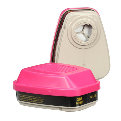 Pink and beige 3M 60925 NIOSH filter cartridge on a white background