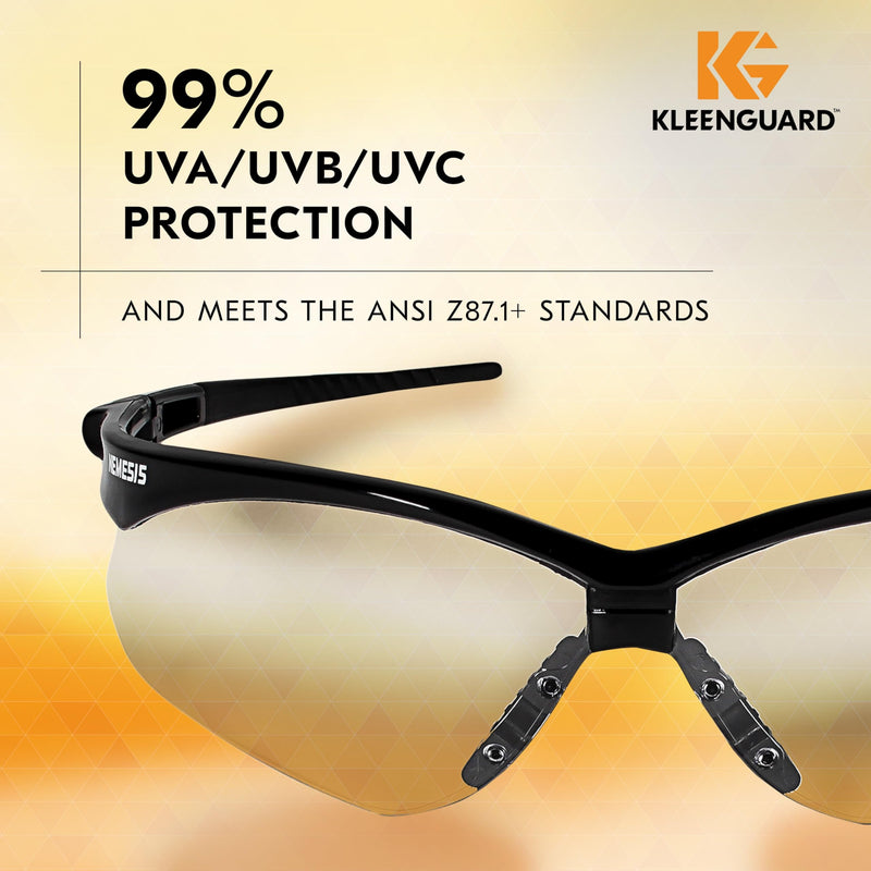 KleenGuard V30 Nemesis 25676 Safety Glasses with 99% UVA/UVB/UVC protection and ANSI Z87.1+ standards, featuring Kleenguard logo.