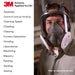 Person wearing a 3M 6700 full face respirator mask with a list of hazardous activities on the left.