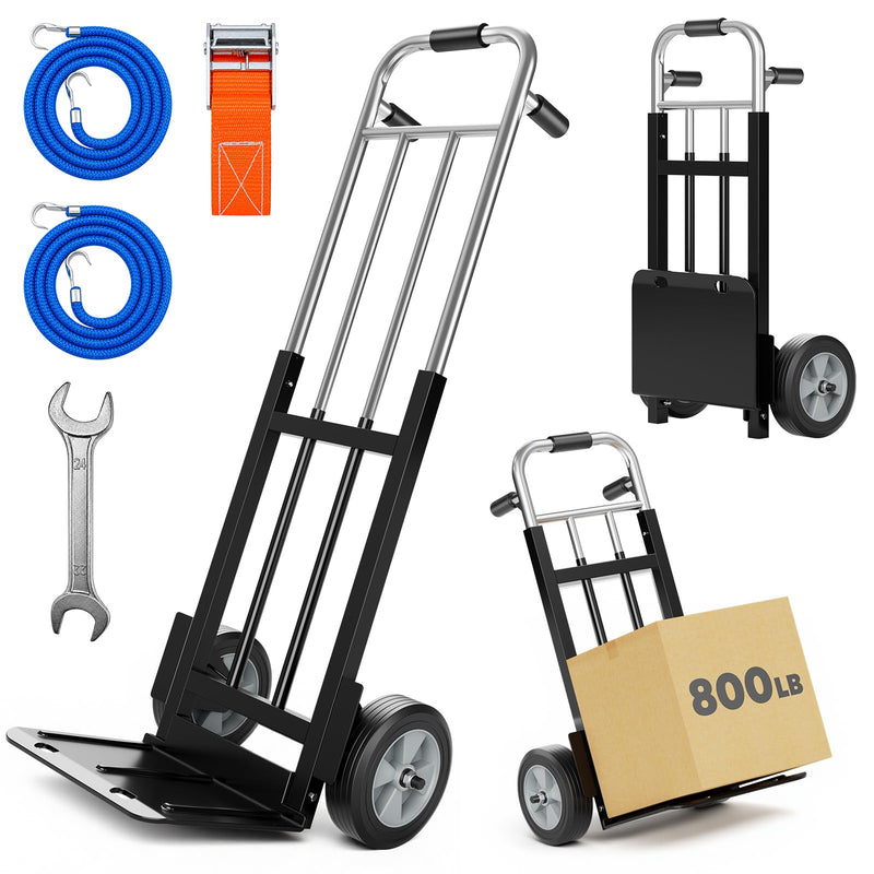 800 LB Heavy Duty Alloy Steel Folding Hand Truck Dolly, 8in Solid Rubber Wheels, Dual