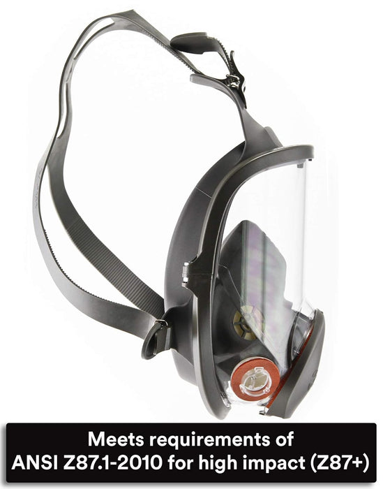 3M 6800 Full-face respirator with clear face shield on a white background, meeting ANSI Z87.1-2010 standards.