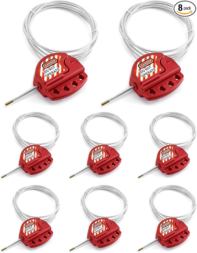 QWORK Lockout Tagout Cable Lock, 8 Pack Adjustable Steel Vinyl-Coated Cable